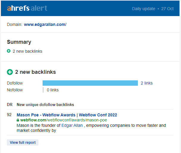 An Ahrefs report on new backinks to the Edgar Allan Webflow Agency website